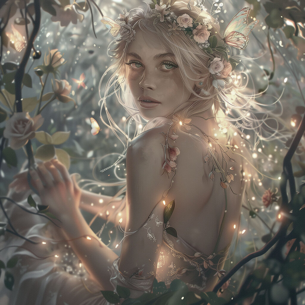A woman in a dress with flowers in her hair