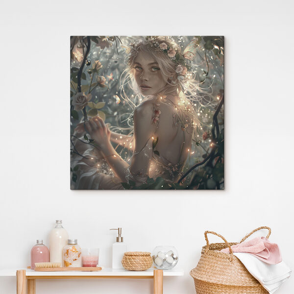 A woman in a dress with flowers in her hair