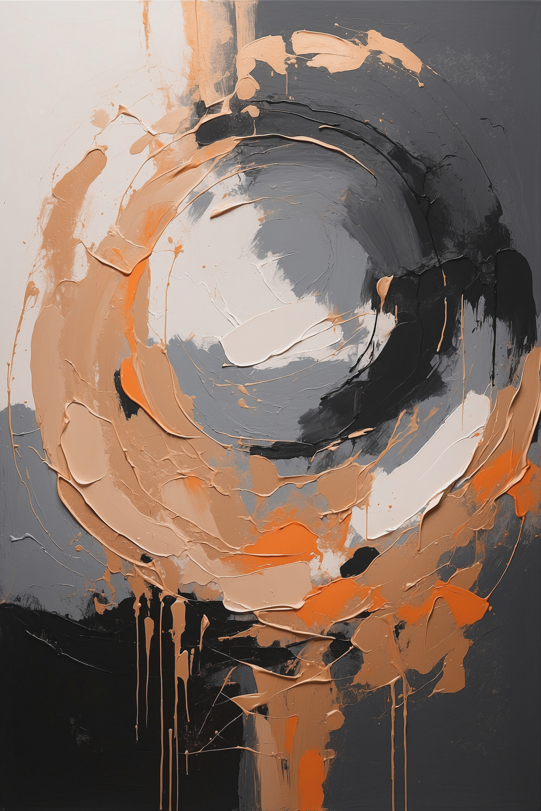 A painting of a circle with orange and grey paint