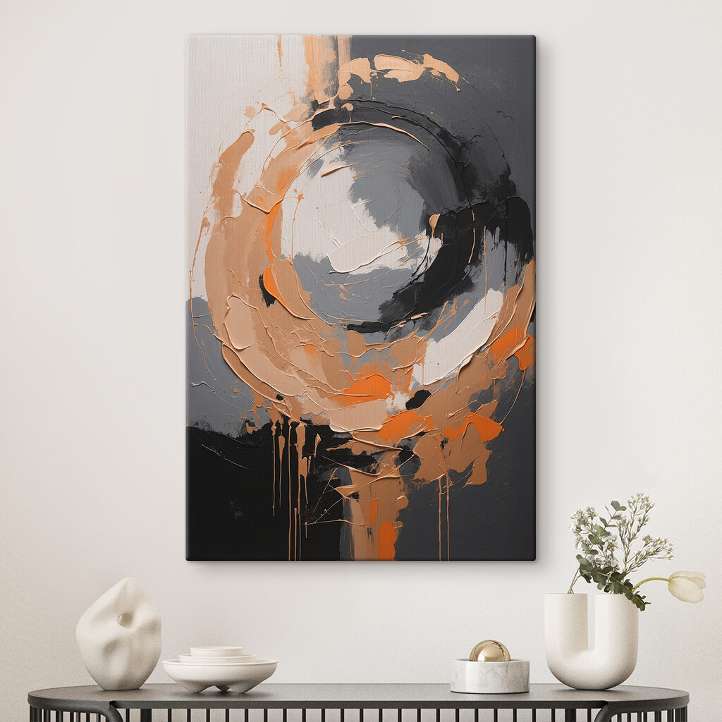 A painting of a circle with orange and grey paint