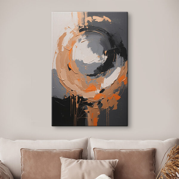 A painting of a circle with orange and grey paint