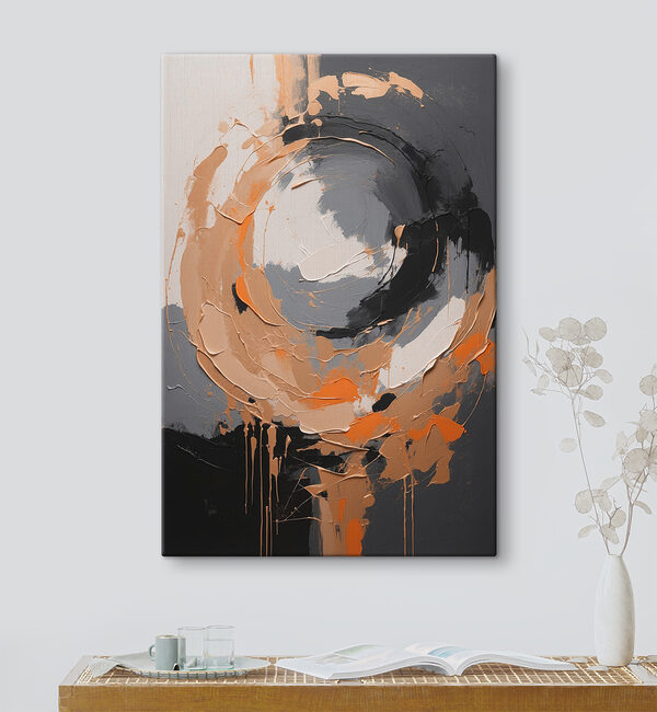A painting of a circle with orange and grey paint