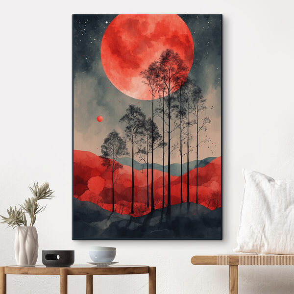 Quadri Un dipinto raffigurante degli alberi e una luna rossa