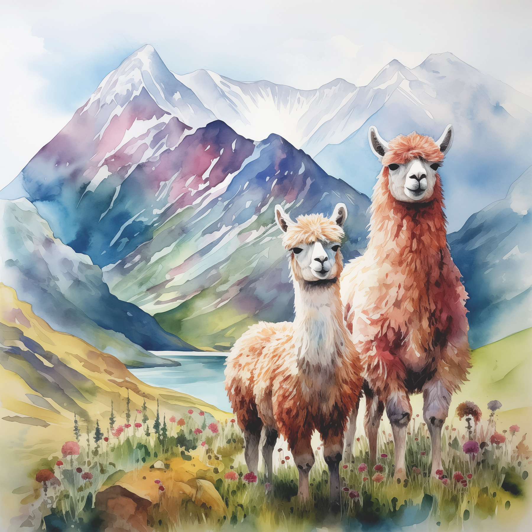Watercolor painting of llamas in front of mountains and water