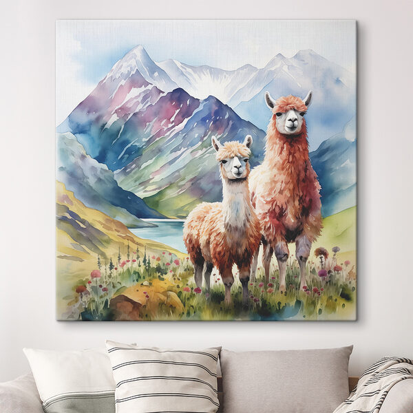 Quadri Acquerello raffigurante dei lama davanti a montagne e acqua