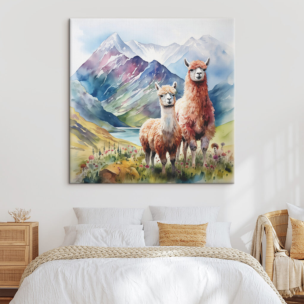 Watercolor painting of llamas in front of mountains and water