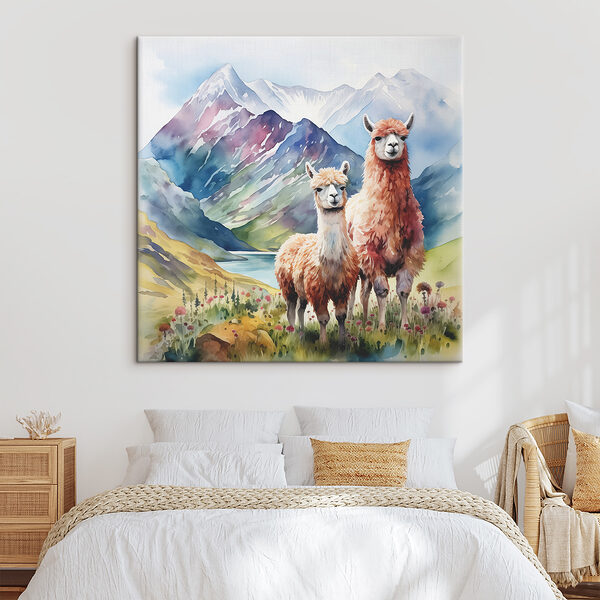 Watercolor painting of llamas in front of mountains and water