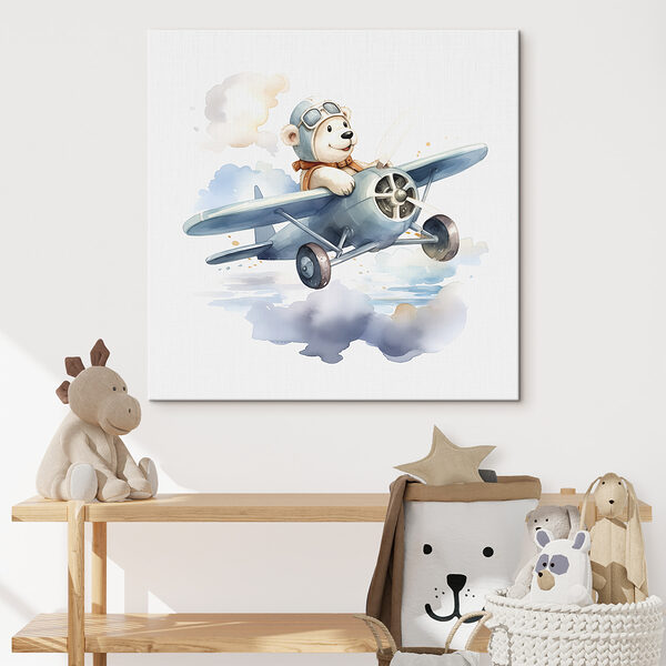 Quadri Un orso dei cartoni animati con un cappello da pilota a bordo di un aereo