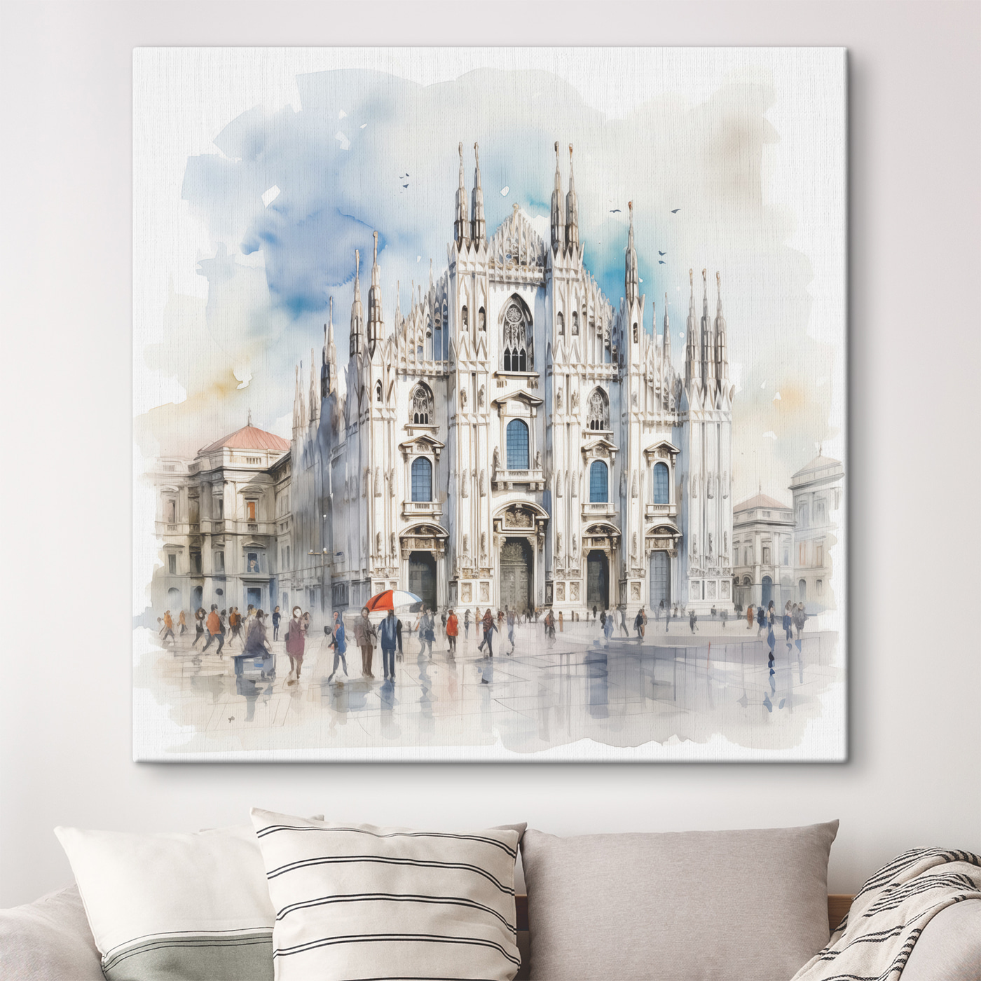 A watercolor of a building with people walking around A watercolor of a building with people walking around