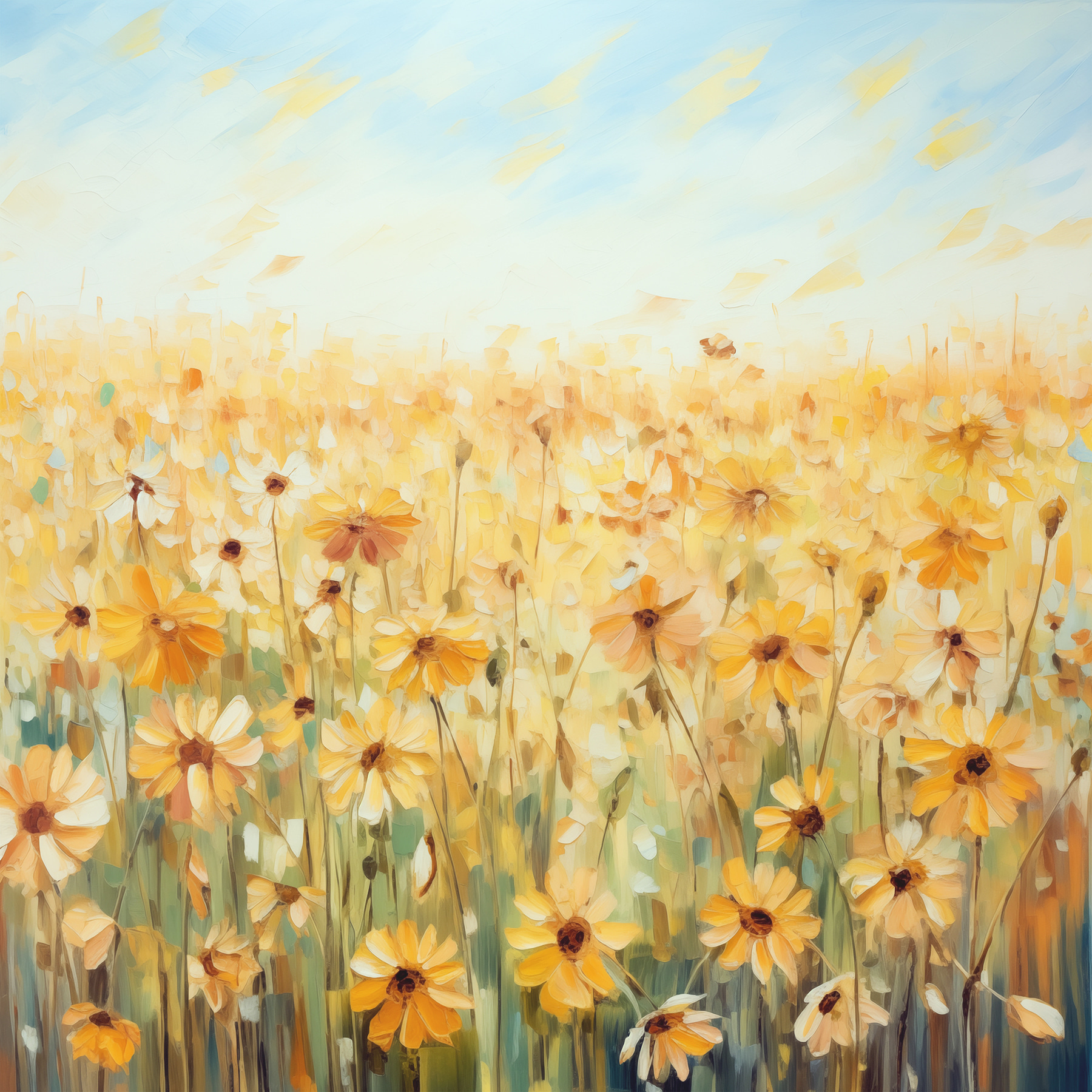A painting of a field of yellow flowers