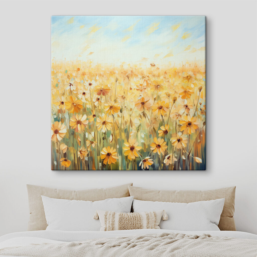 A painting of a field of yellow flowers