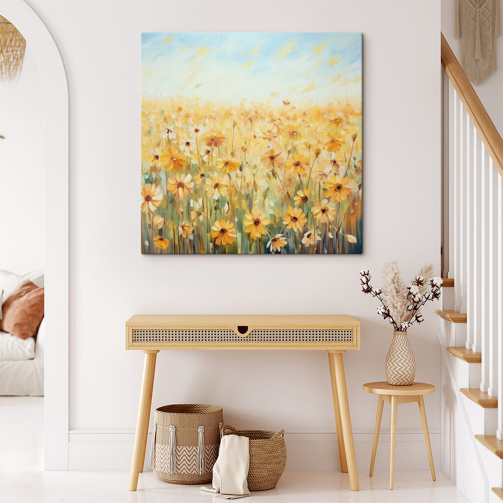 A painting of a field of yellow flowers