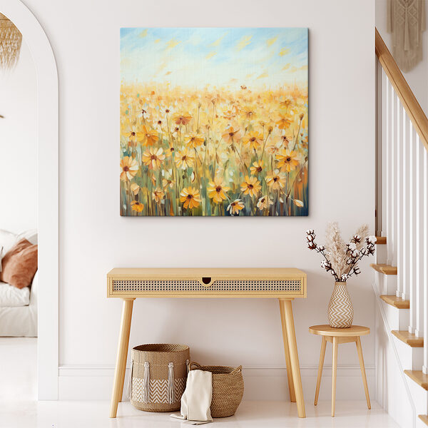 A painting of a field of yellow flowers
