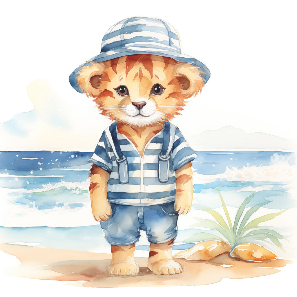 A watercolor of a cat wearing a hat and shorts
