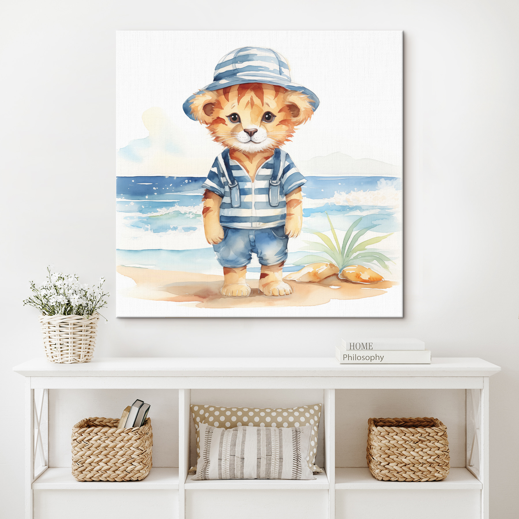 A watercolor of a cat wearing a hat and shorts