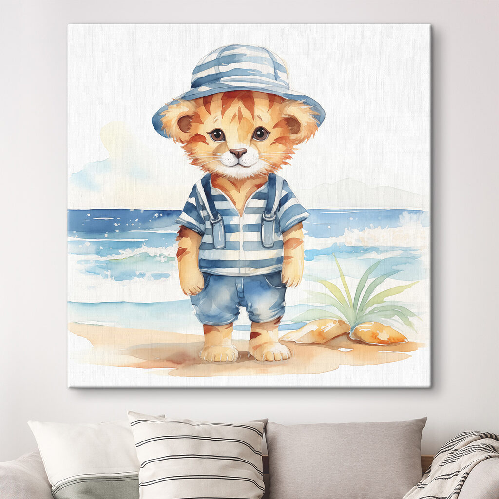 A watercolor of a cat wearing a hat and shorts