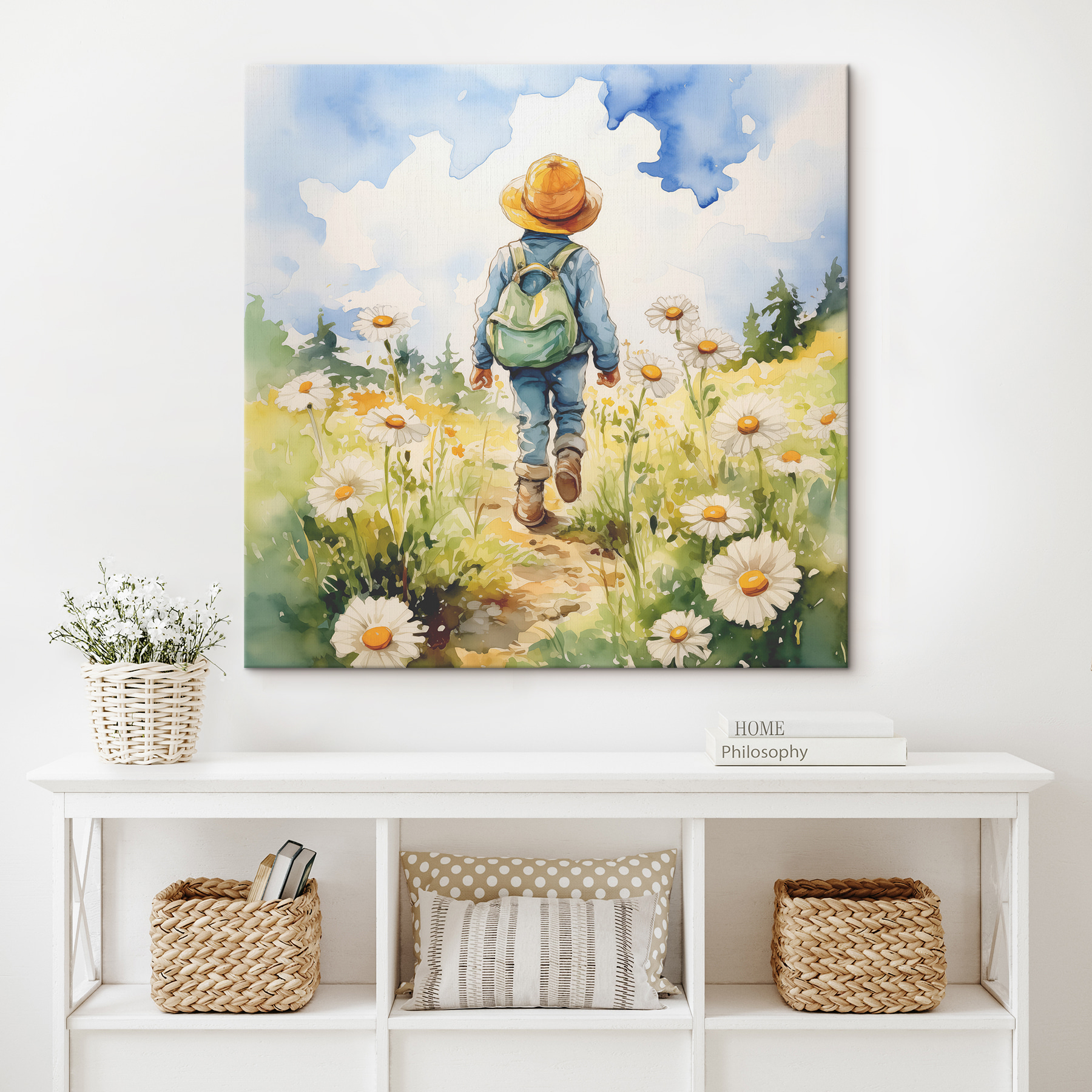 A child walking in a field of flowers
