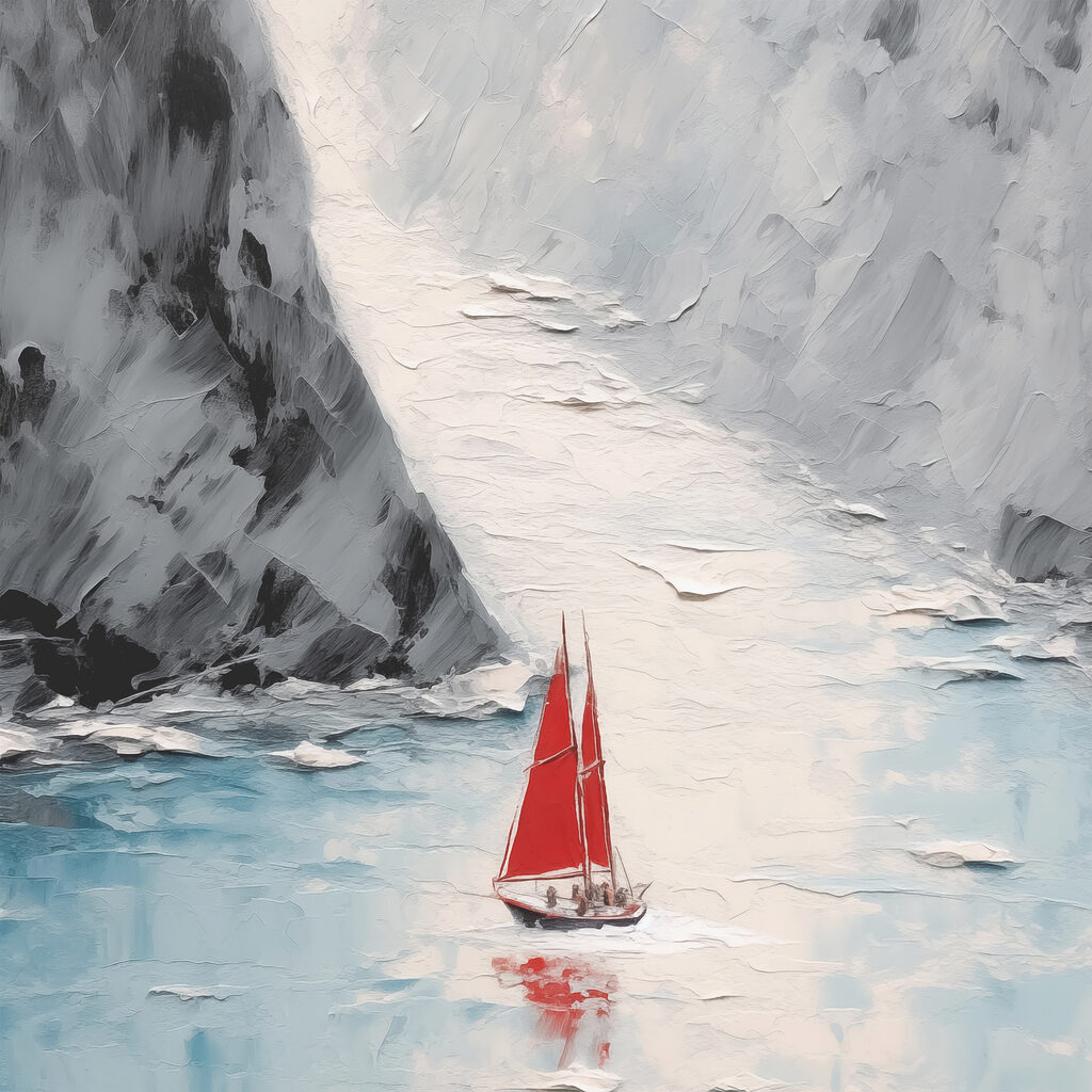 A painting of a sailboat in a body of water