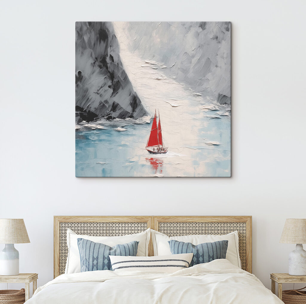 A painting of a sailboat in a body of water