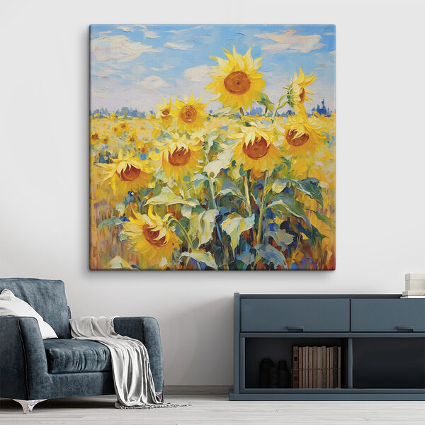 Quadri Un dipinto che raffigura dei girasoli in un campo