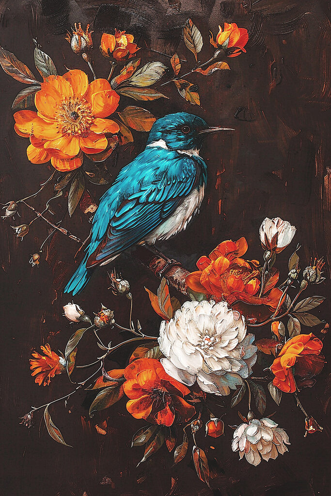 A bird on a branch with flowers