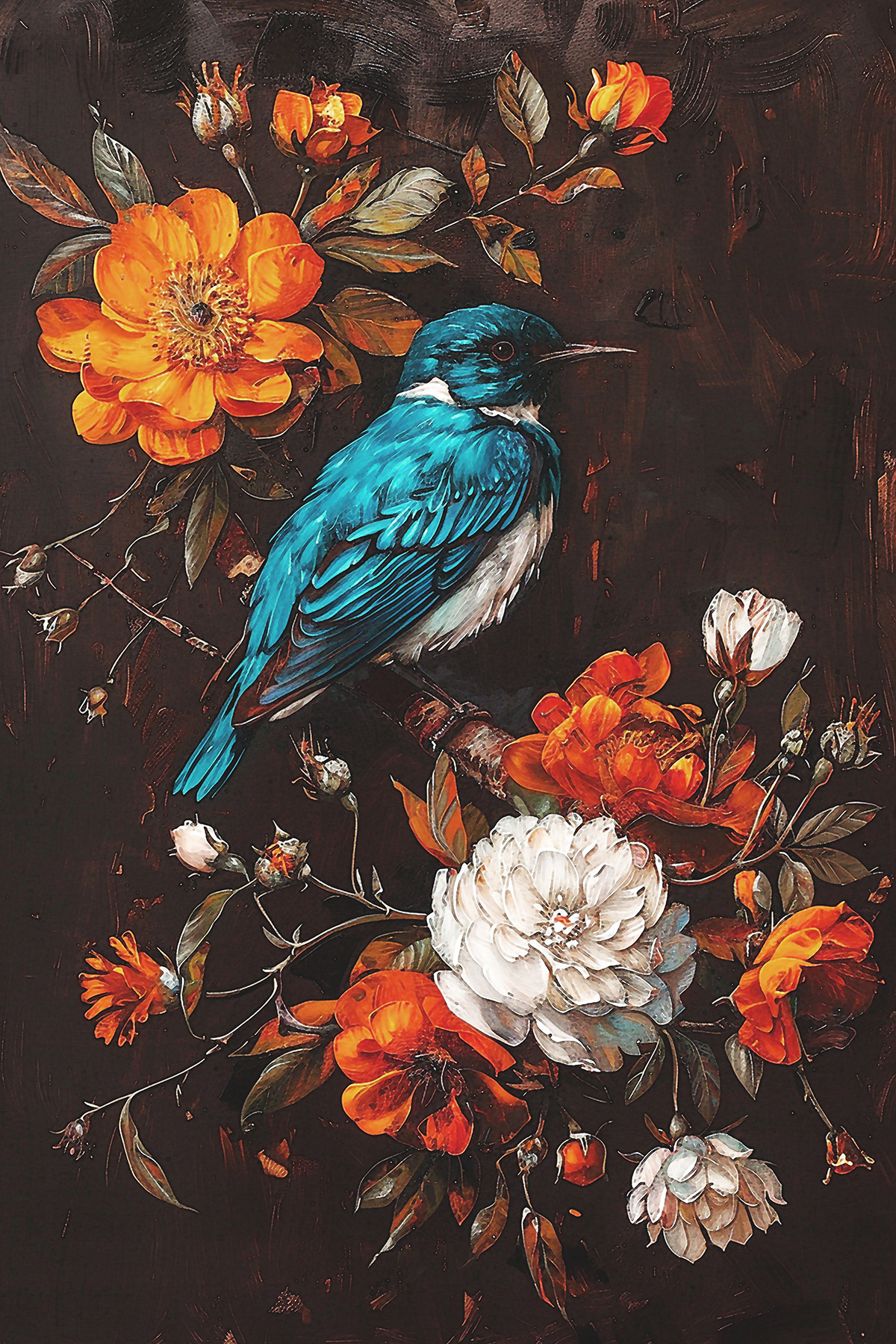 A bird on a branch with flowers