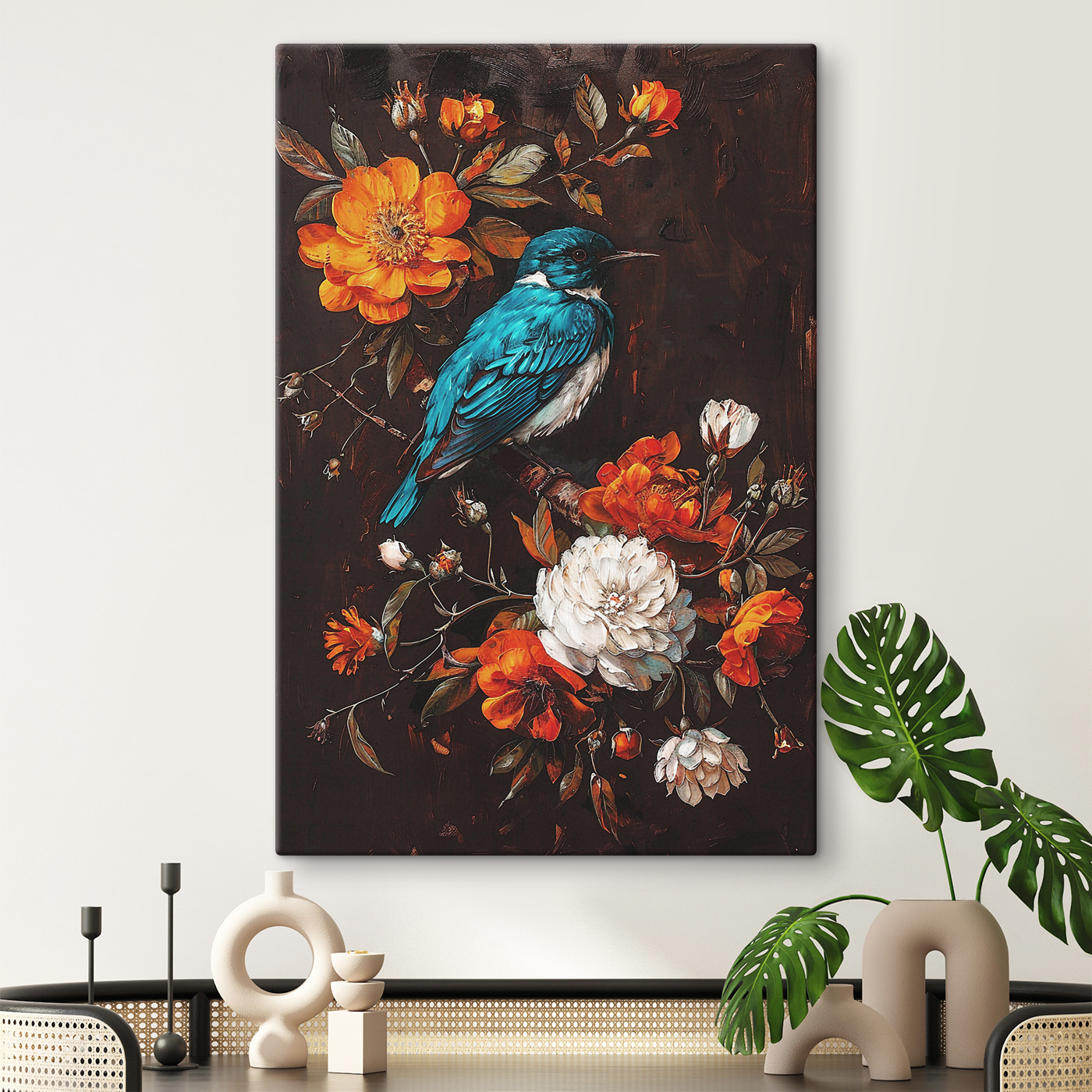 A bird on a branch with flowers