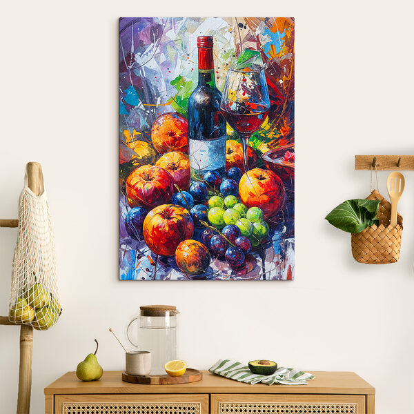 Quadri Un dipinto raffigurante una bottiglia di vino e della frutta