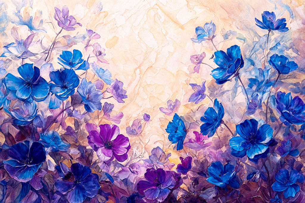 A painting of blue and purple flowers
