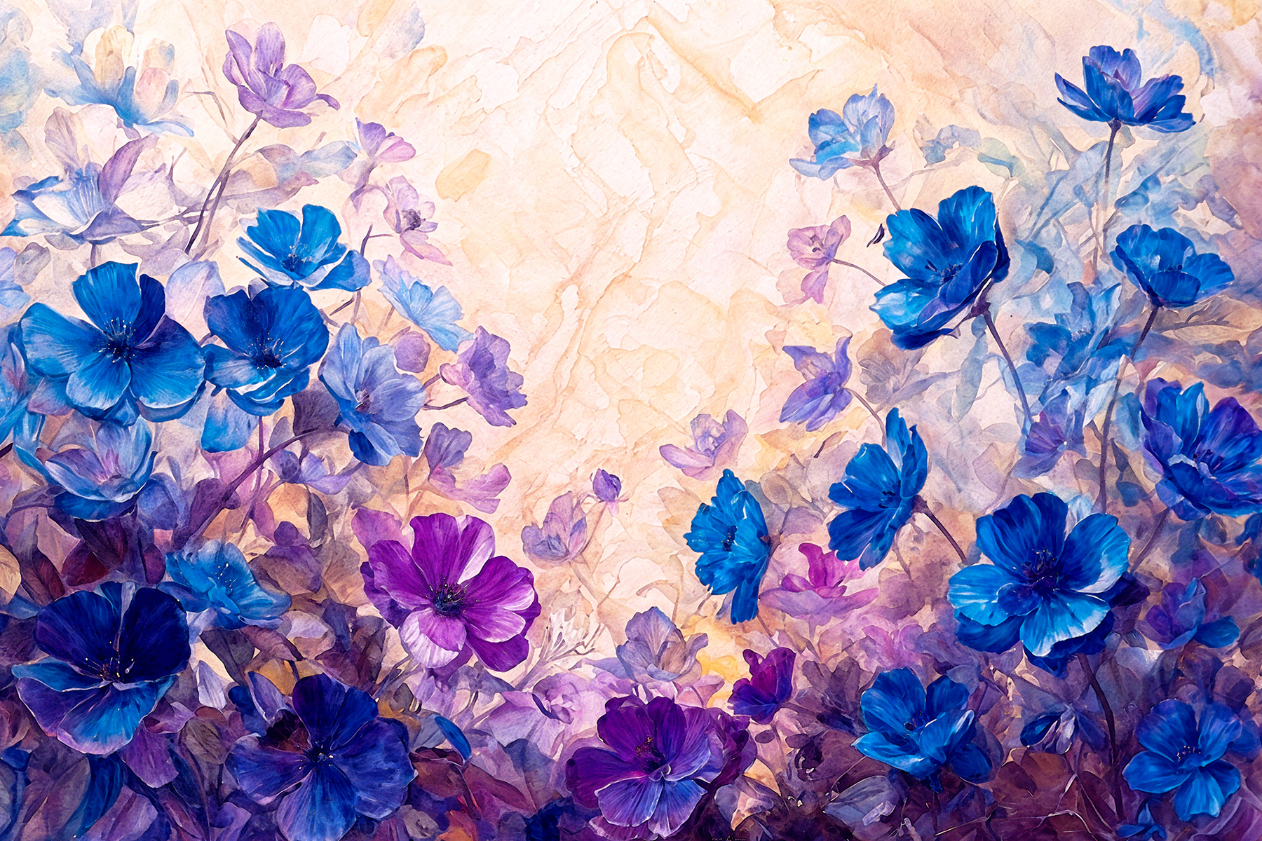 A painting of blue and purple flowers