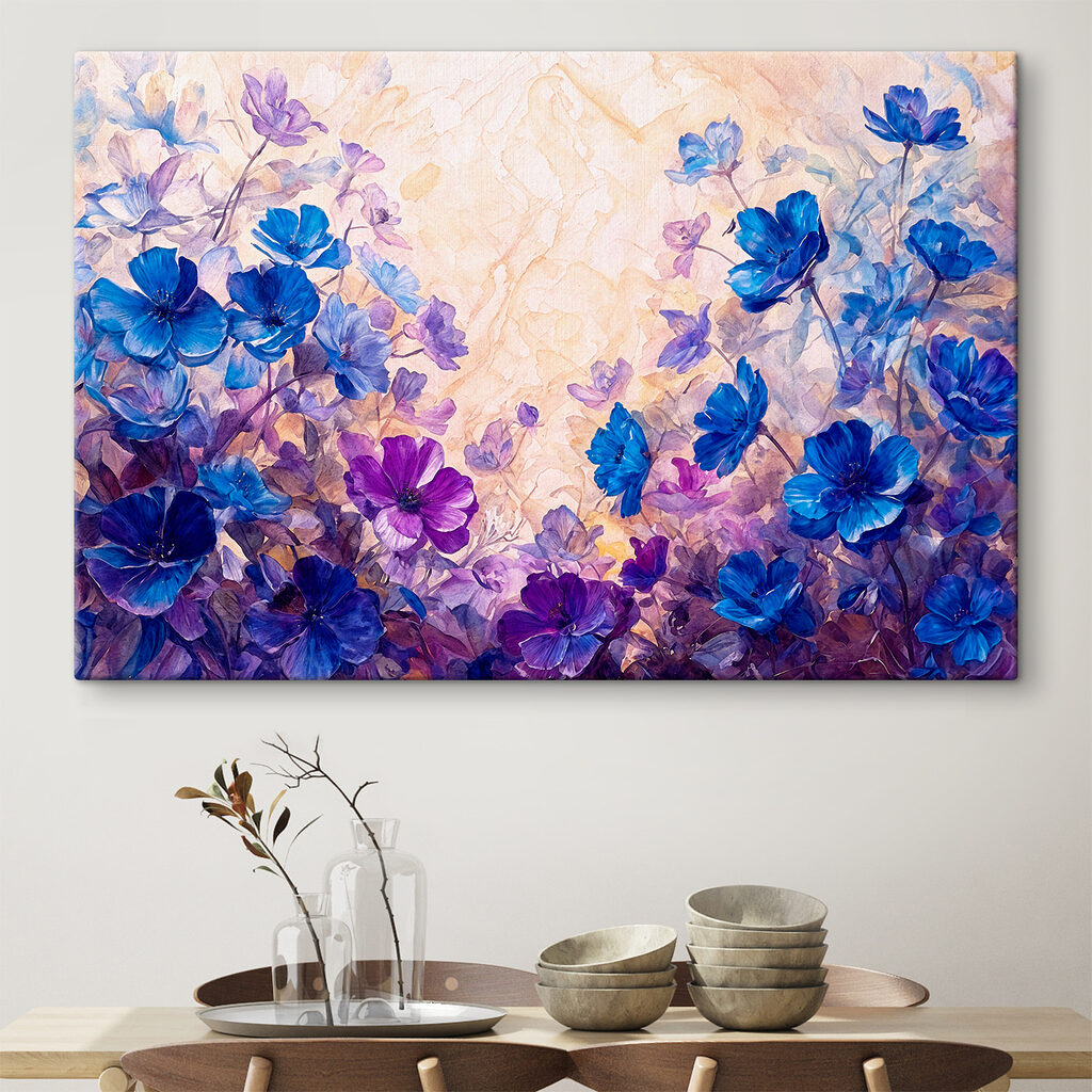 A painting of blue and purple flowers