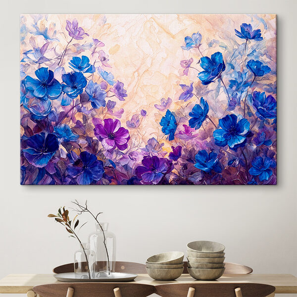 A painting of blue and purple flowers