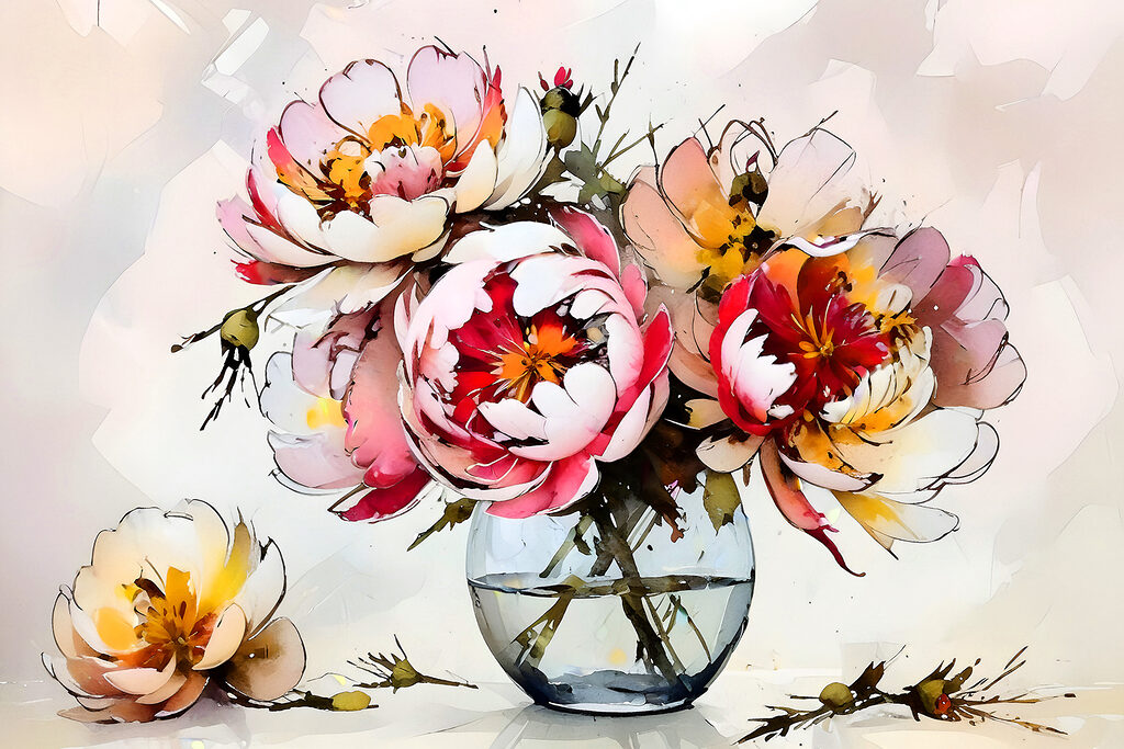 A painting of flowers in a vase