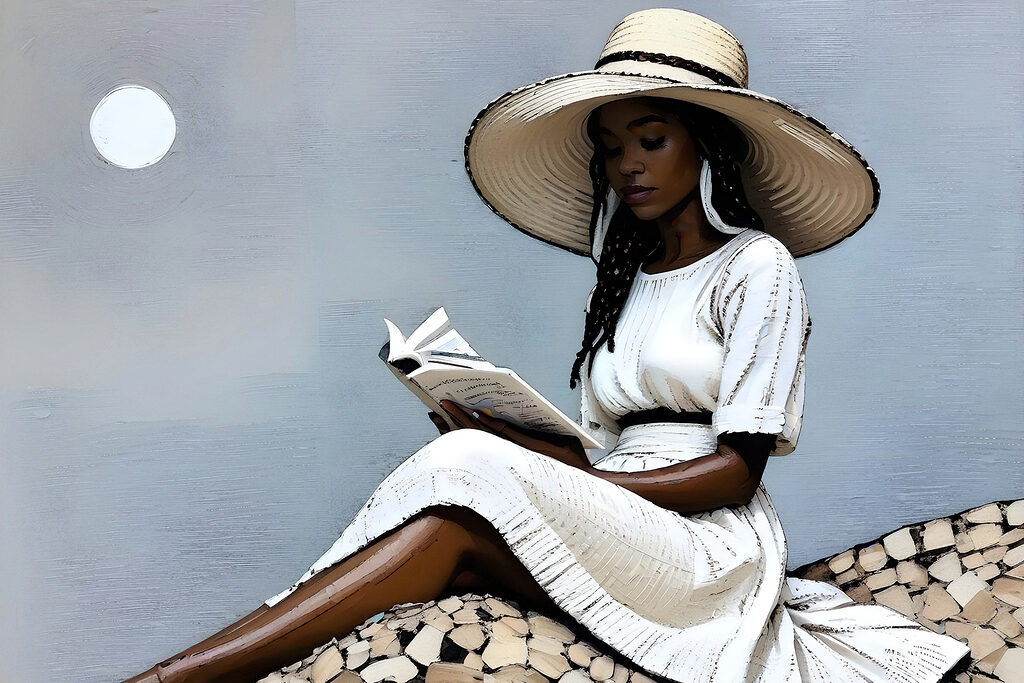 A woman in a white dress and hat reading a book A woman in a white dress and hat reading a book