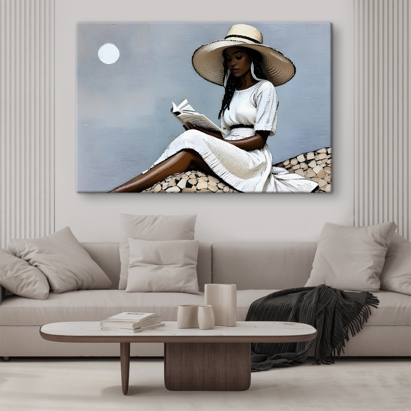 A woman in a white dress and hat reading a book A woman in a white dress and hat reading a book