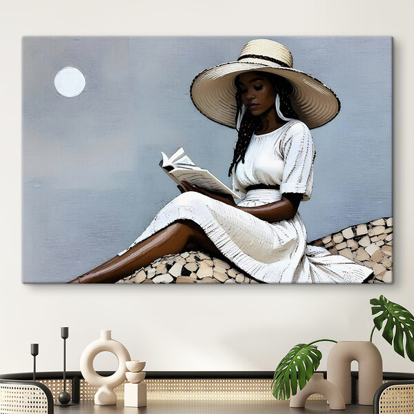 A woman in a white dress and hat reading a book A woman in a white dress and hat reading a book