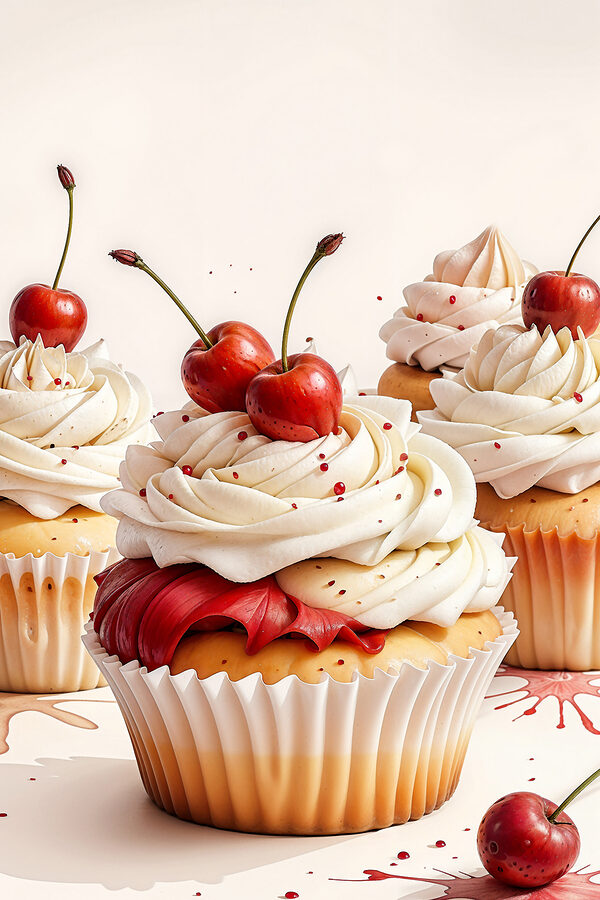 A group of cupcakes with cherries on top A group of cupcakes with cherries on top