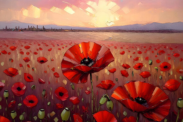 A painting of a field of red flowers