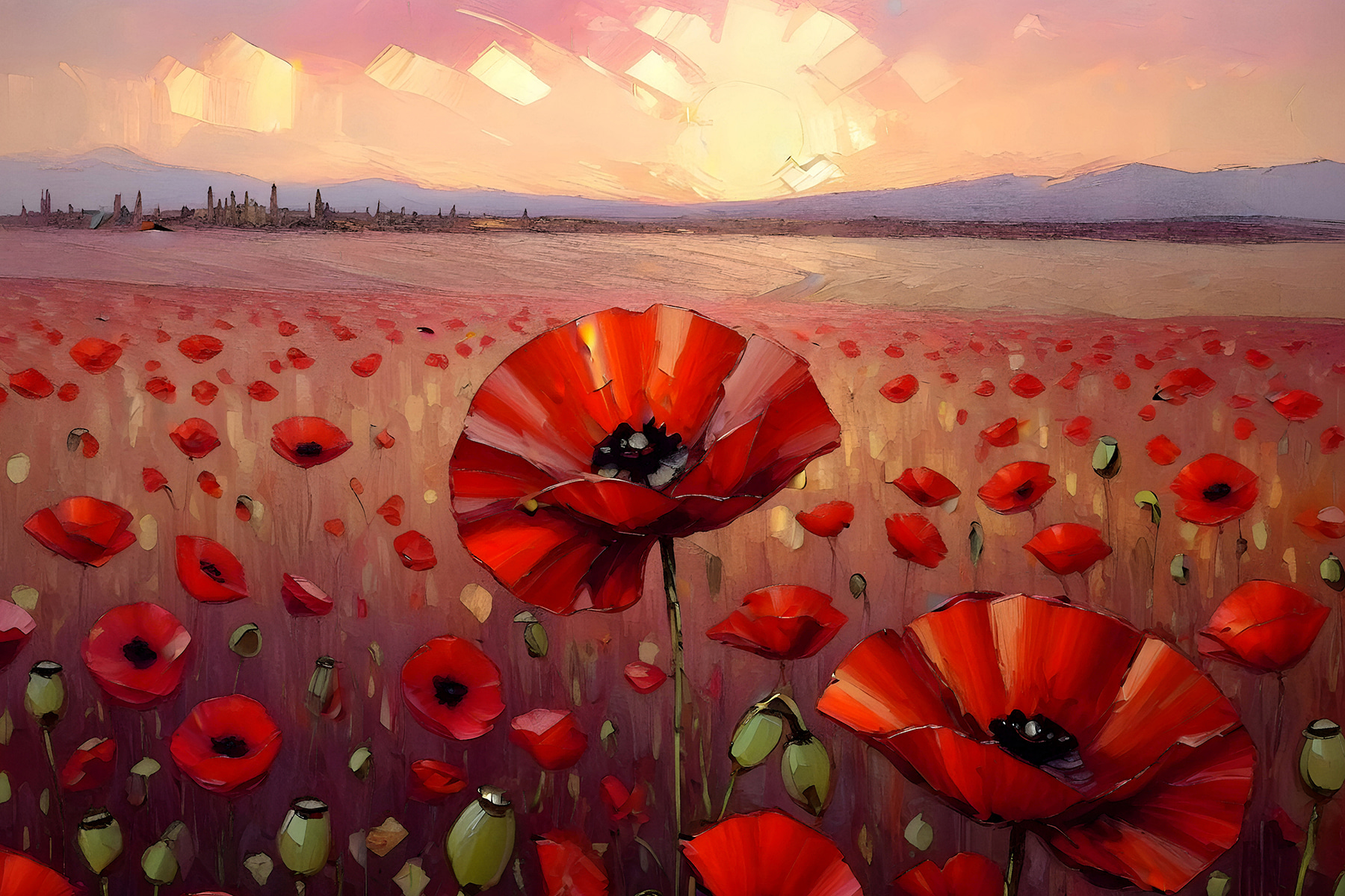 A painting of a field of red flowers
