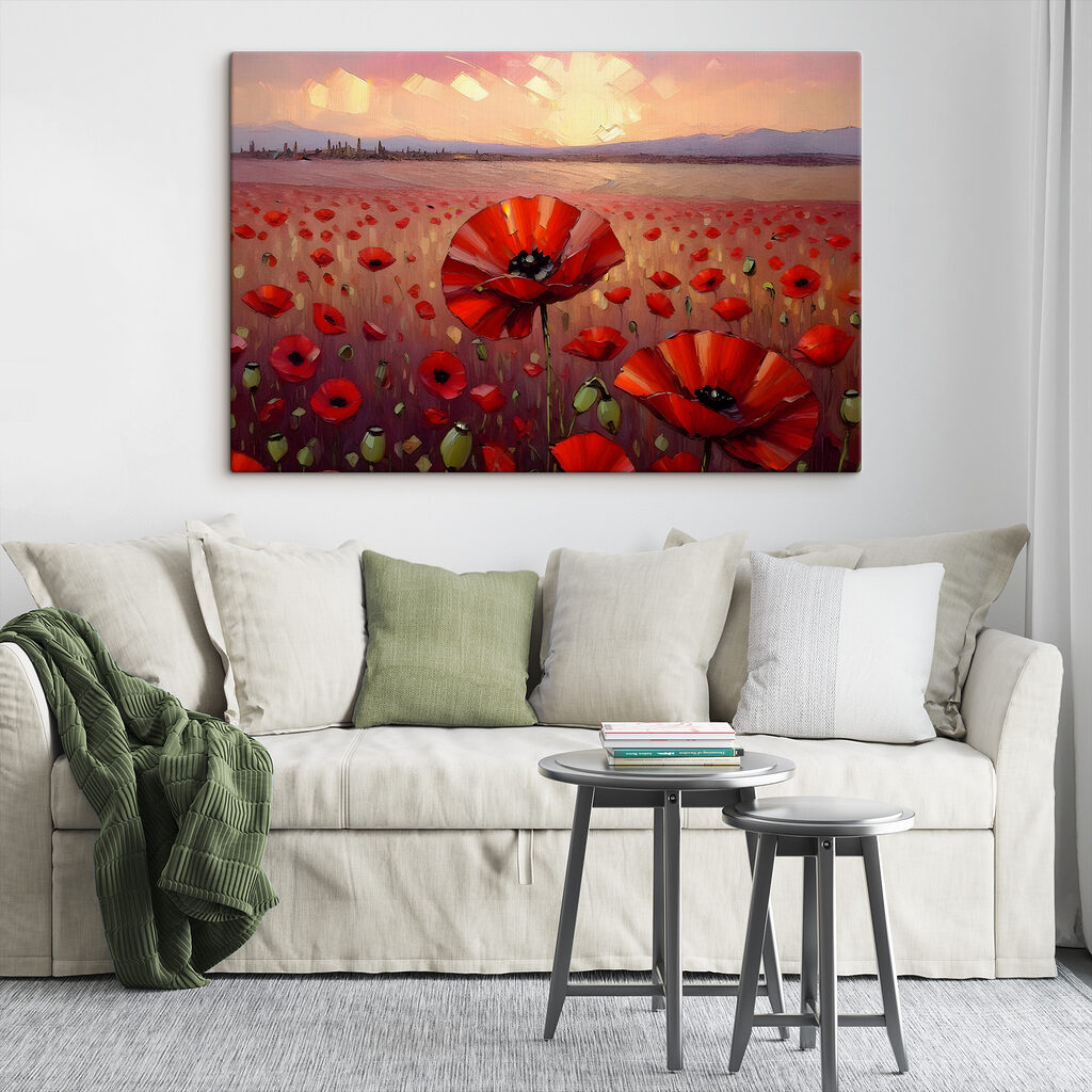 A painting of a field of red flowers