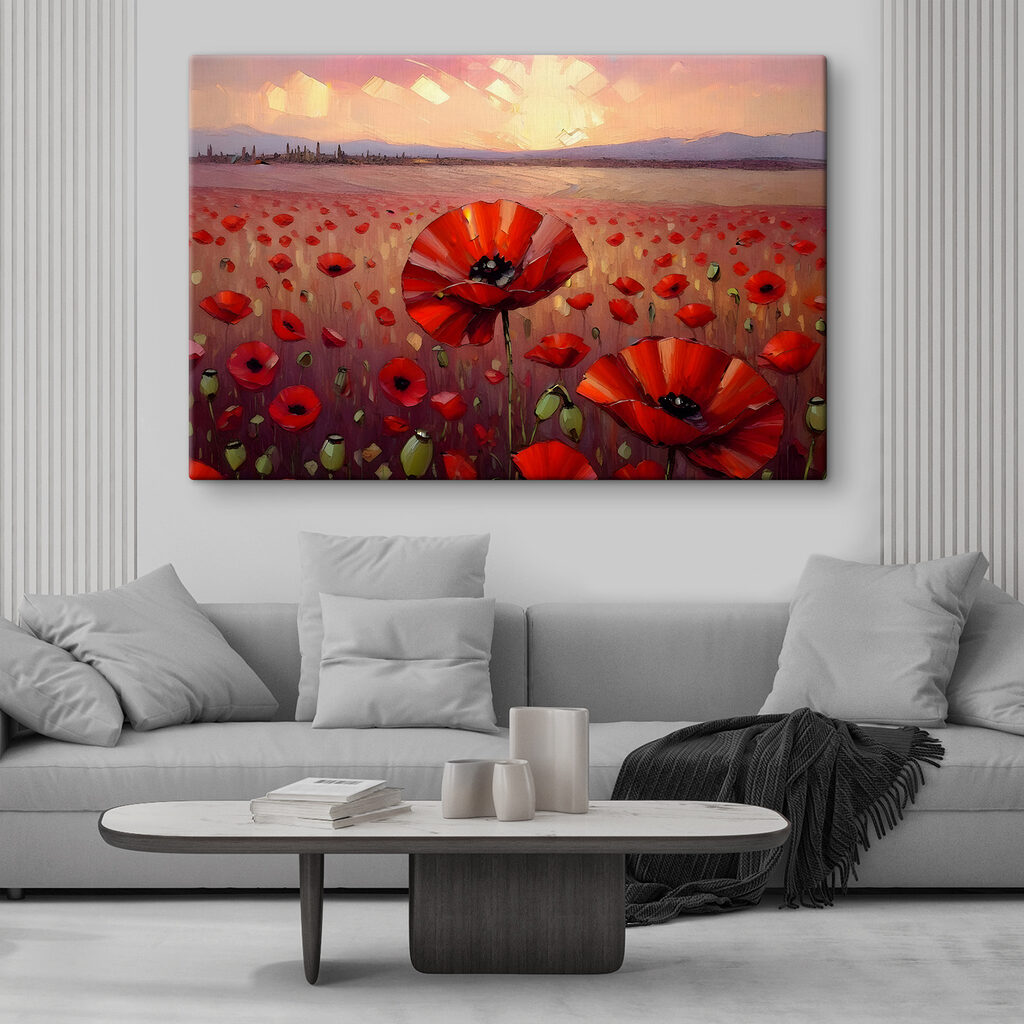 A painting of a field of red flowers