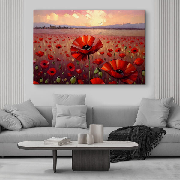 A painting of a field of red flowers