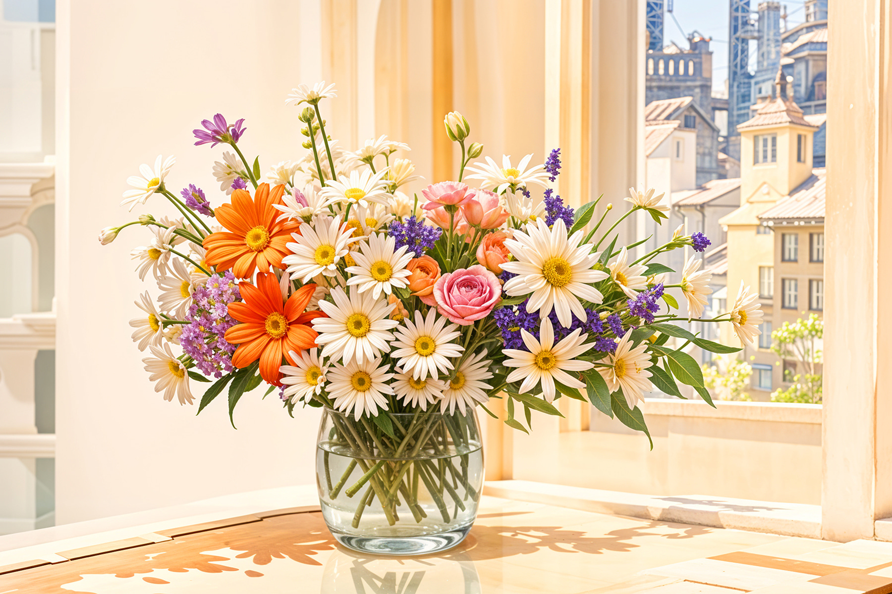 A vase of flowers on a table