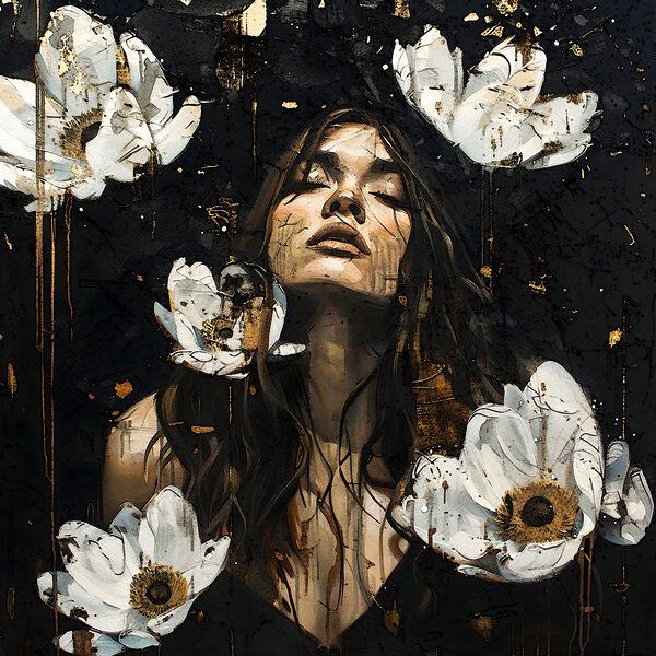 A woman with long hair and white flowers
