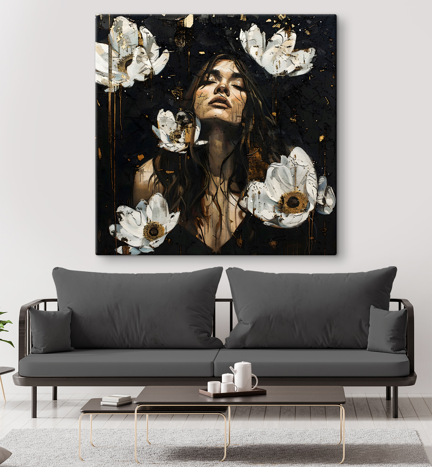 A woman with long hair and white flowers
