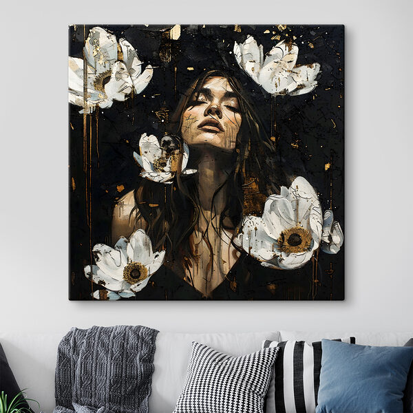 A woman with long hair and white flowers