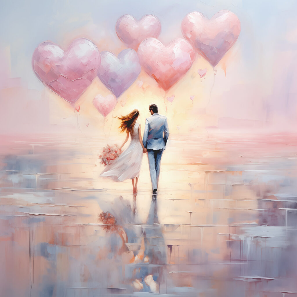 A painting of a man and woman holding hands and holding balloons