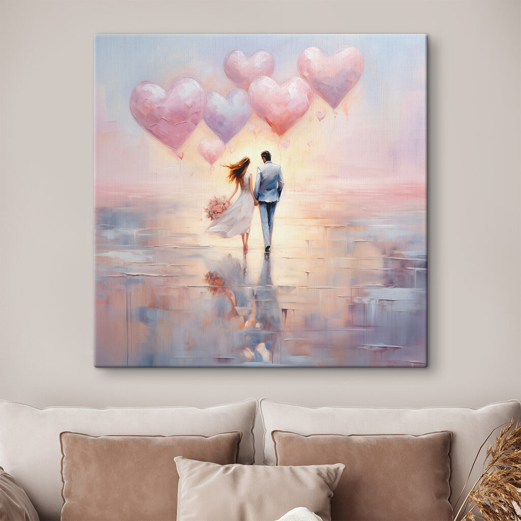 A painting of a man and woman holding hands and holding balloons