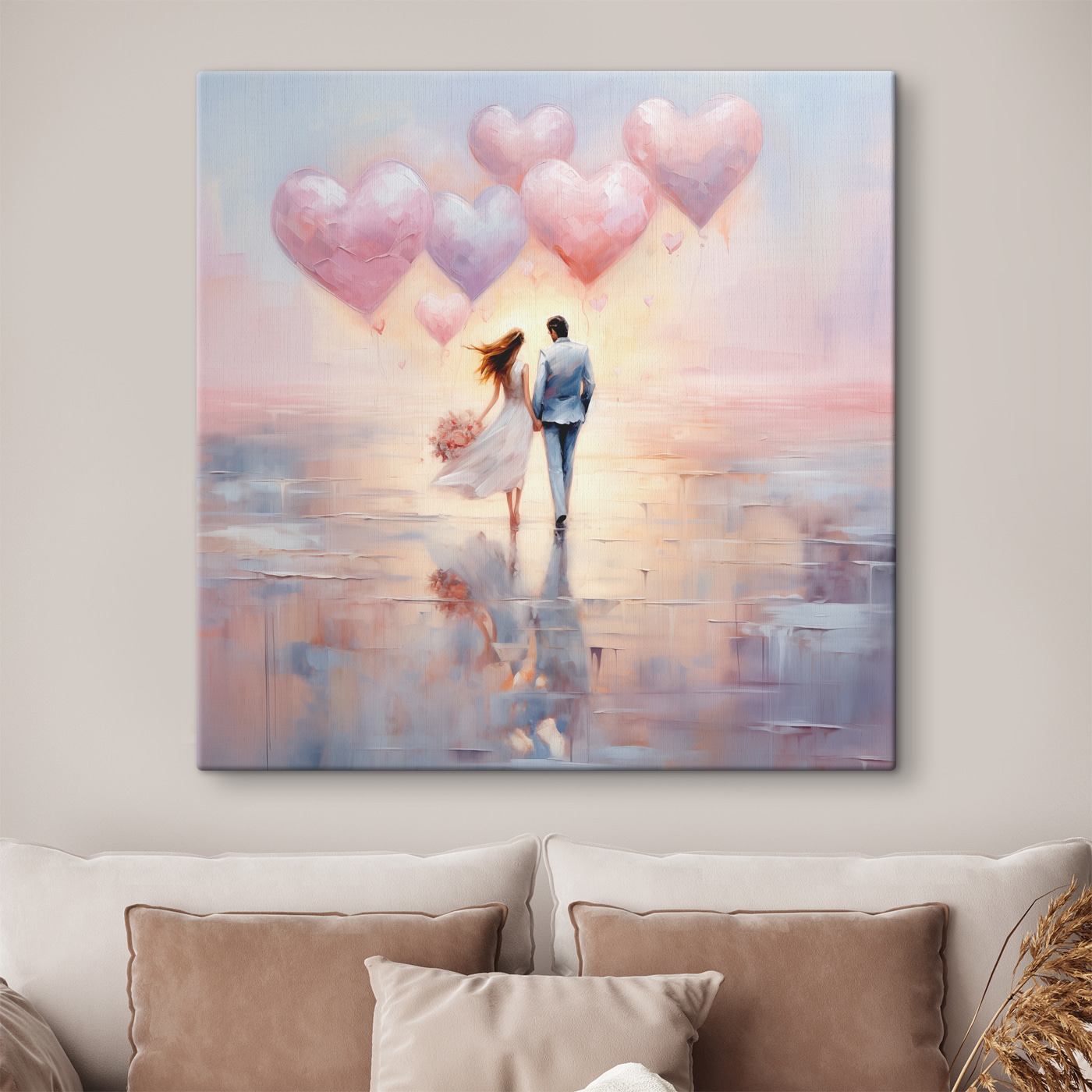 A painting of a man and woman holding hands and holding balloons