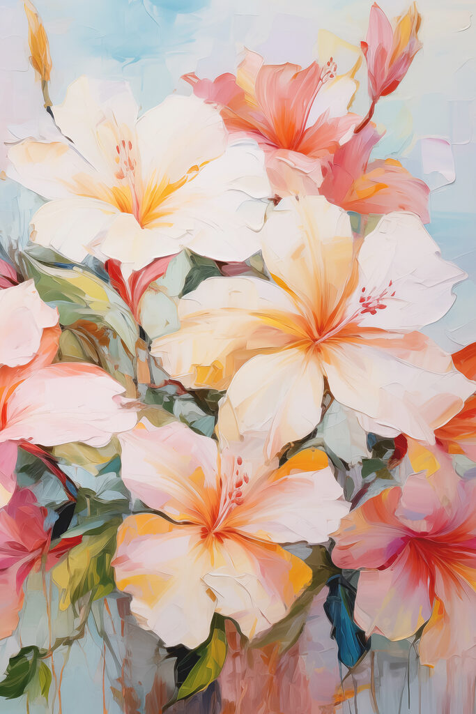 A painting of flowers on a blue background